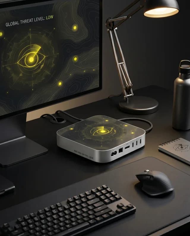 Mac mini OCULOPS conectado al monitor mostrando dashboard de mando — GLOBAL THREAT LEVEL: LOW